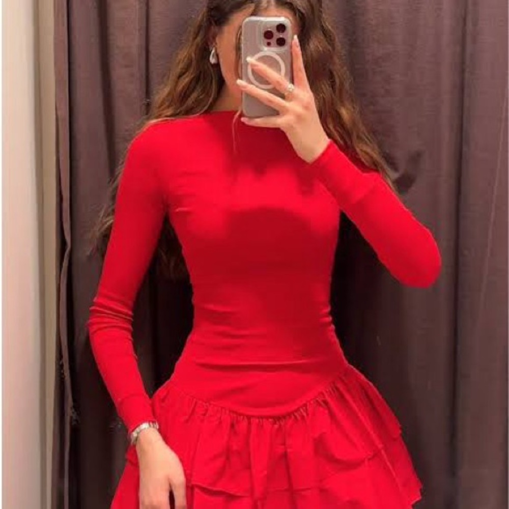 Zara Perfect Little Red Dress Drop Waist long Sleeve Small